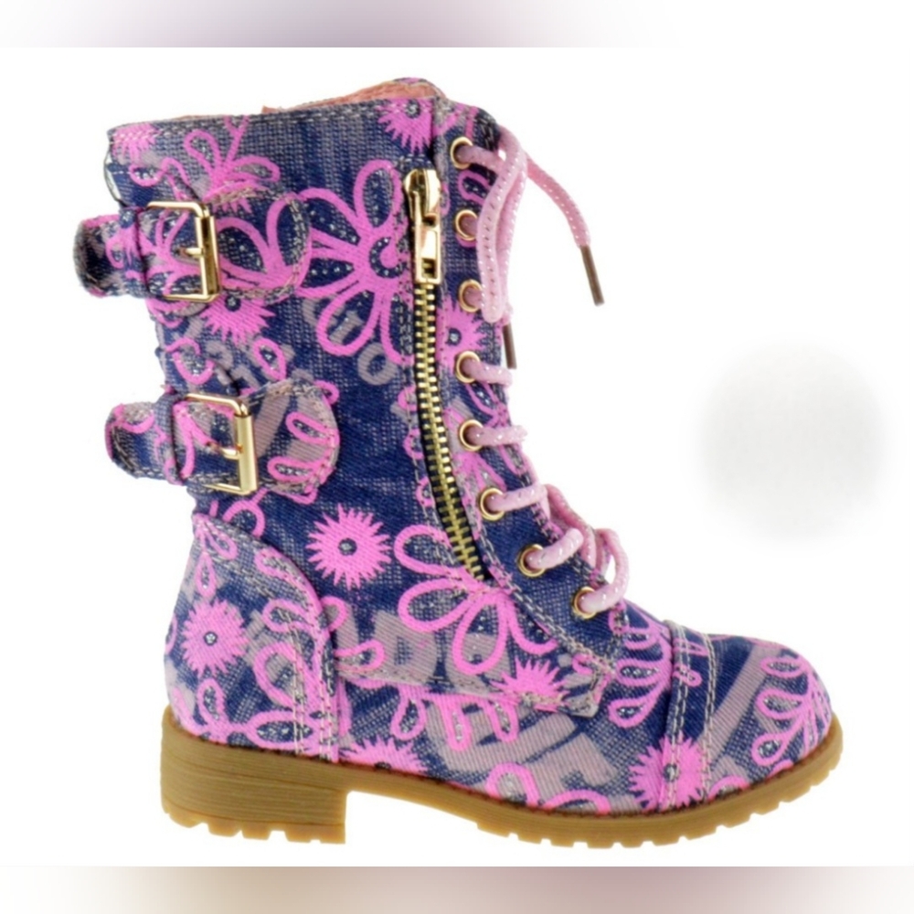 Forever Link Mango 61Ka Little Girls Lace Up Denim Floral Combat Boots